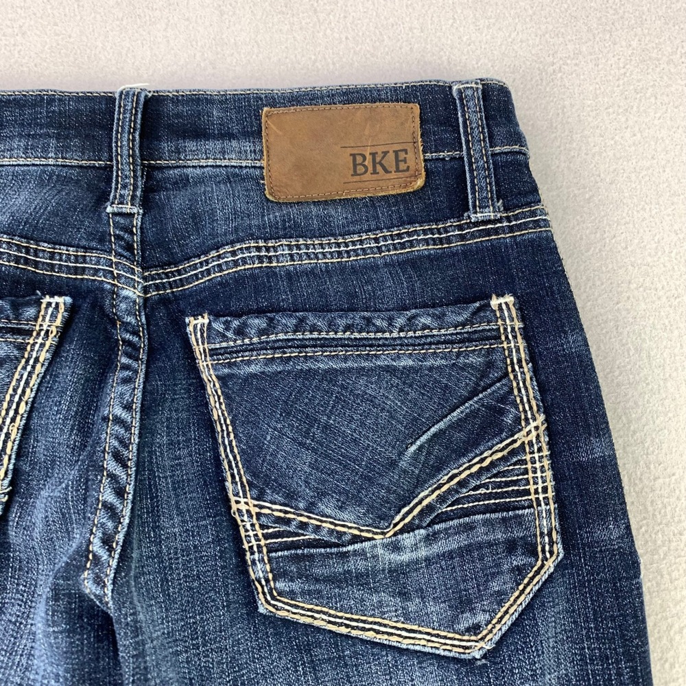 BKE Jeans Jake Straight Mens 30R Dark Wash Denim Faded Thick Stitch Rodeo Cowboy